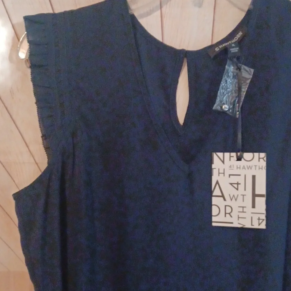 41 Hawthorne Navy Blue Blouse Ruffle Sheer Trim - Picture 4 of 4